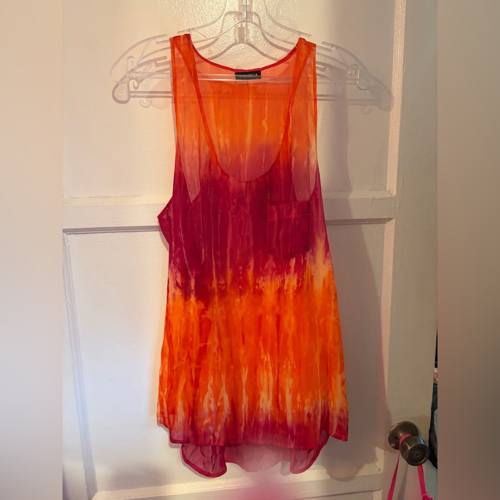 Vibrant Orange and Pink Tie-Dye Sheer Sleeveless Top